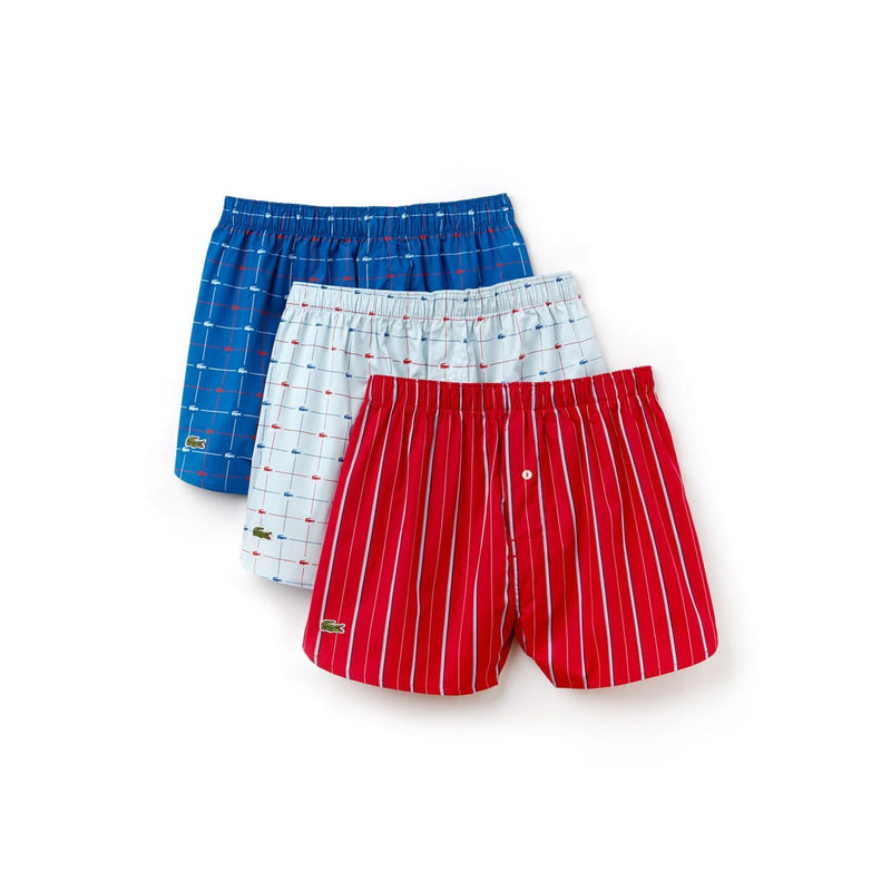 LACOSTE MEN'S 3-PACK SIGNATURE PRINT WOVEN BOXERS